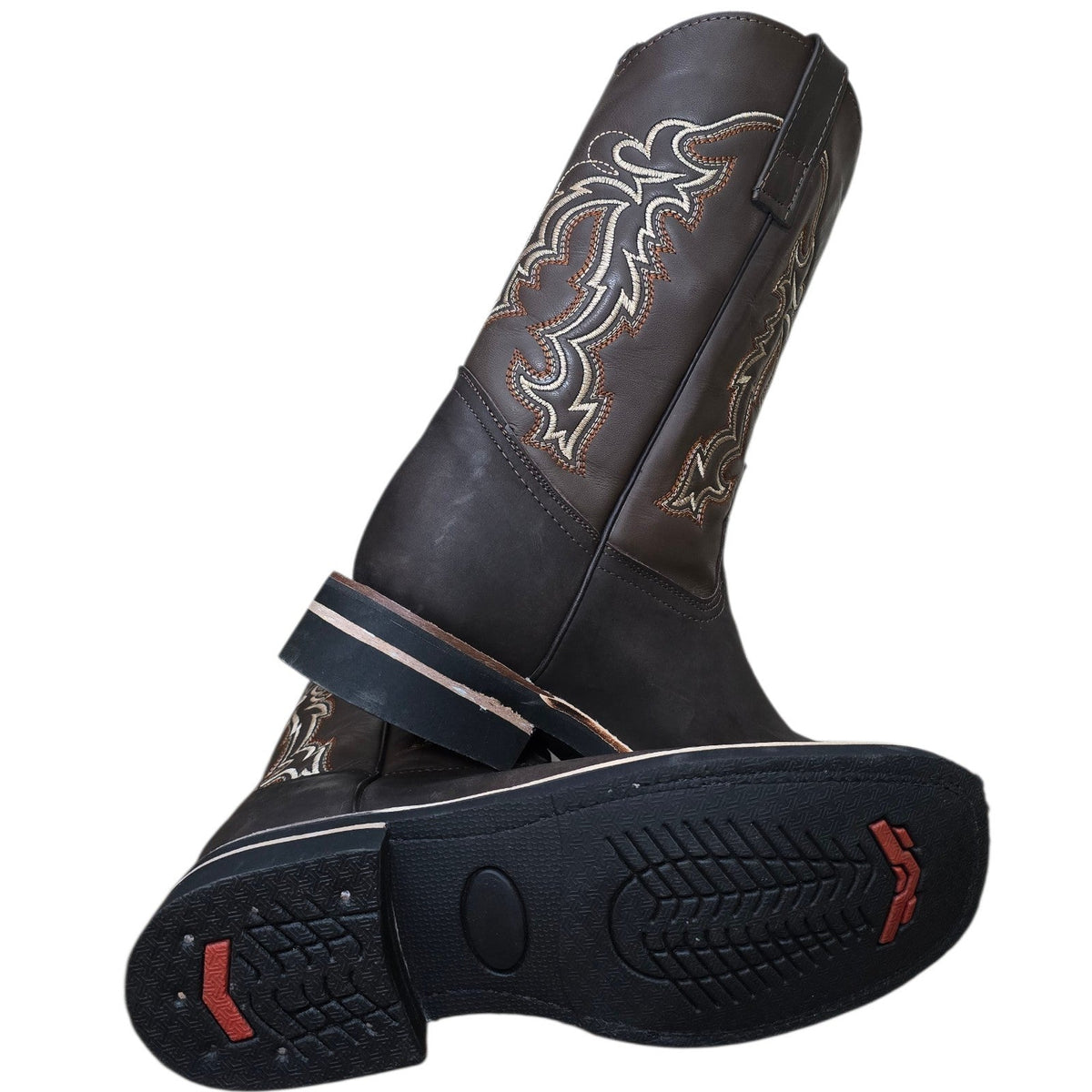 Cowboy Boots (0200) - 12" Dark Brown Leather w/ Tribal Stitching & Square Toe