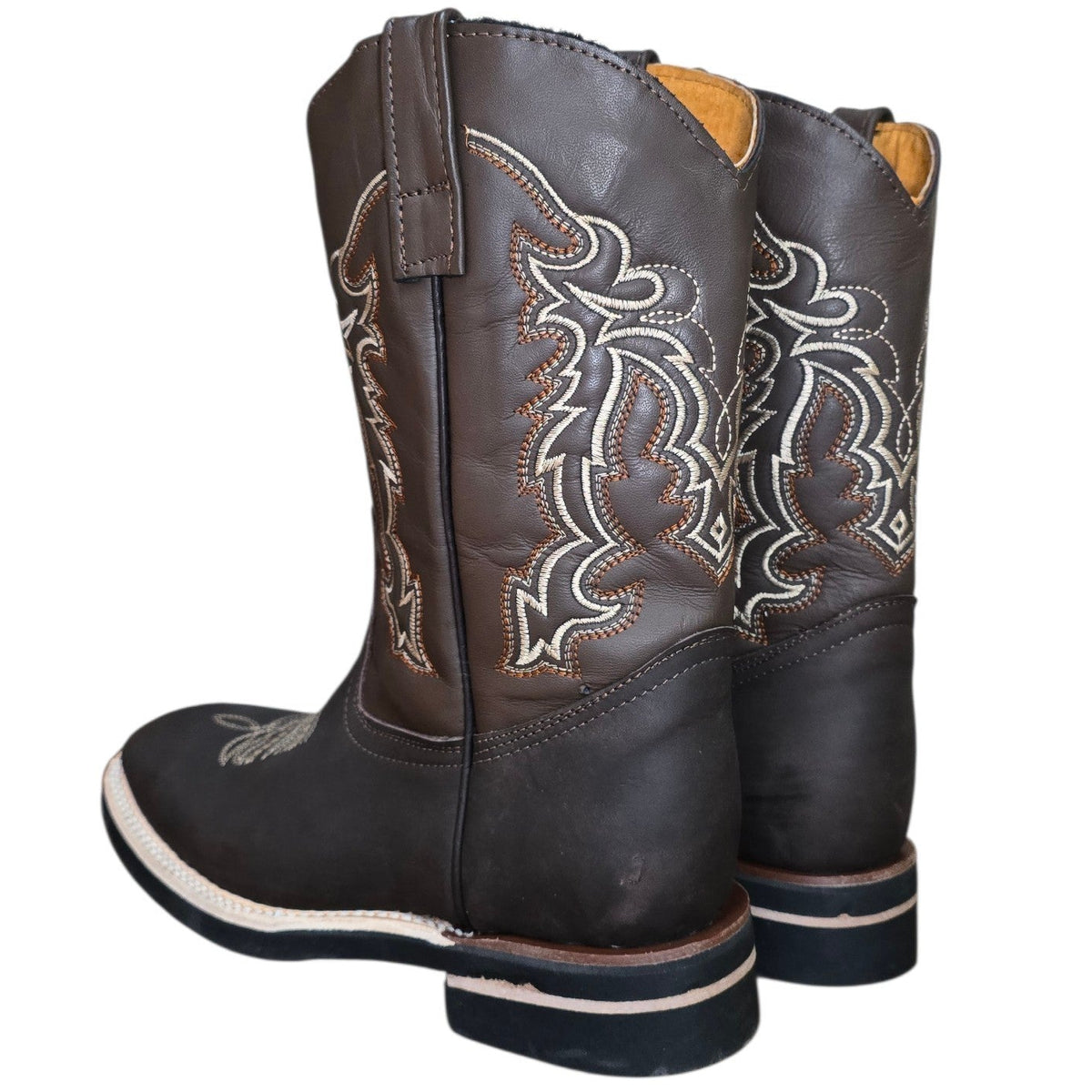 Cowboy Boots (0200) - 12" Dark Brown Leather w/ Tribal Stitching & Square Toe