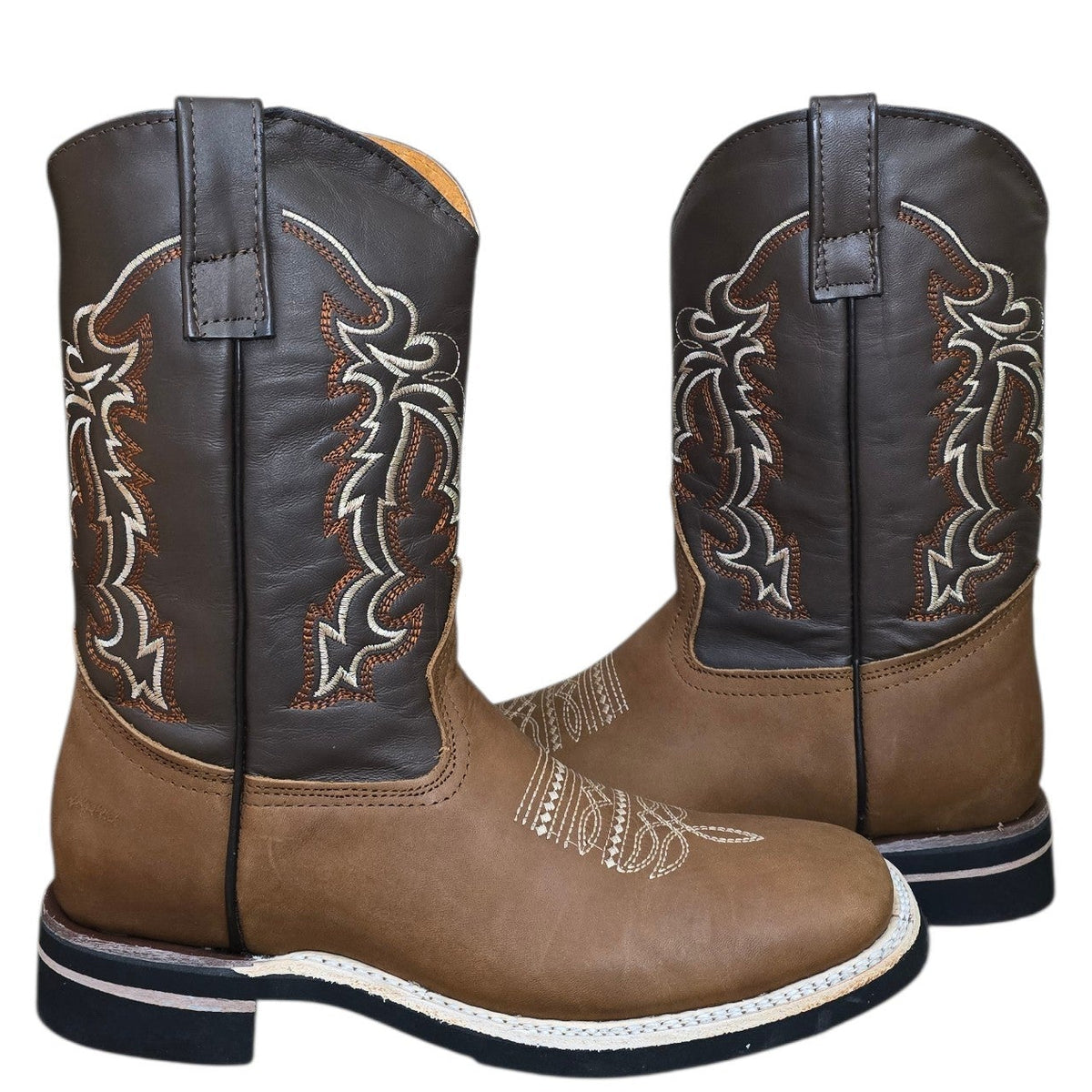 Cowboy Boots (0199) - 12" Brown Leather w/ Tribal Stitching & Square Toe