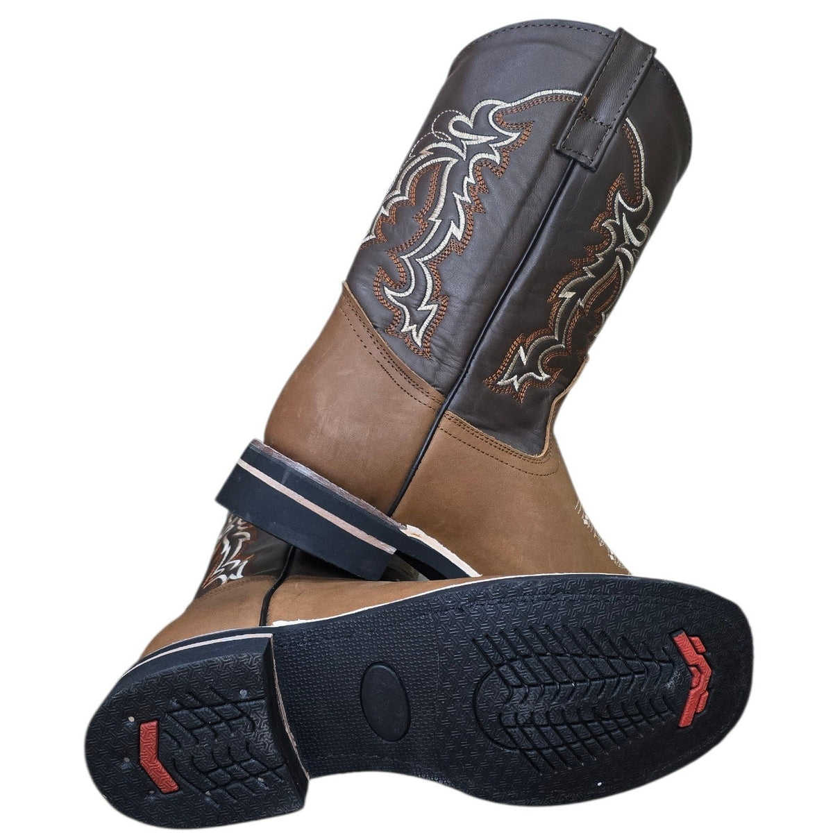 Cowboy Boots (0199) - 12" Brown Leather w/ Tribal Stitching & Square Toe