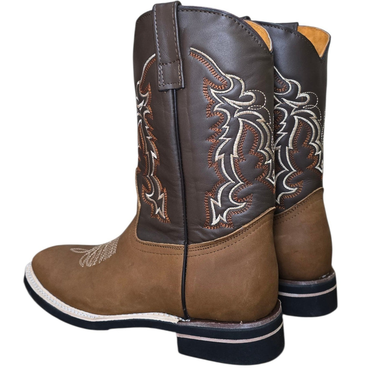Cowboy Boots (0199) - 12" Brown Leather w/ Tribal Stitching & Square Toe