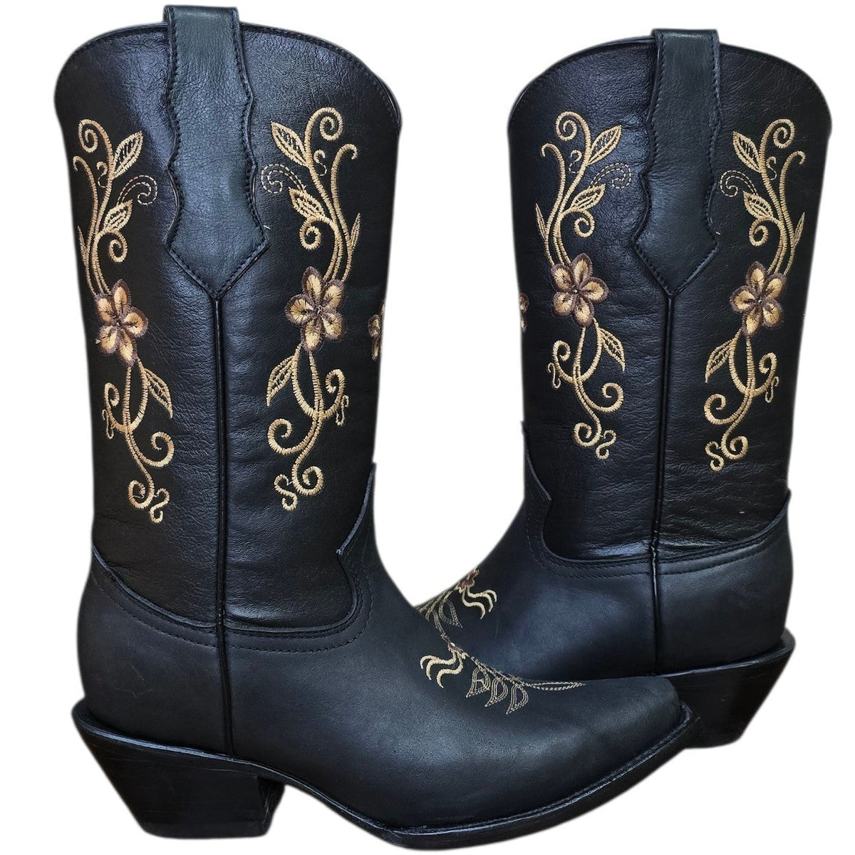 Cowboy Boots (0202) - 13.5" Black Leather w/ Gold Floral Embroidery