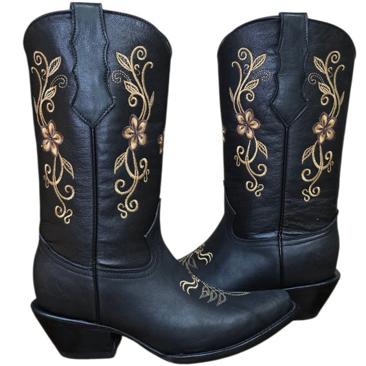 Cowboy Boots (0202) - 13.5" Black Leather w/ Gold Floral Embroidery