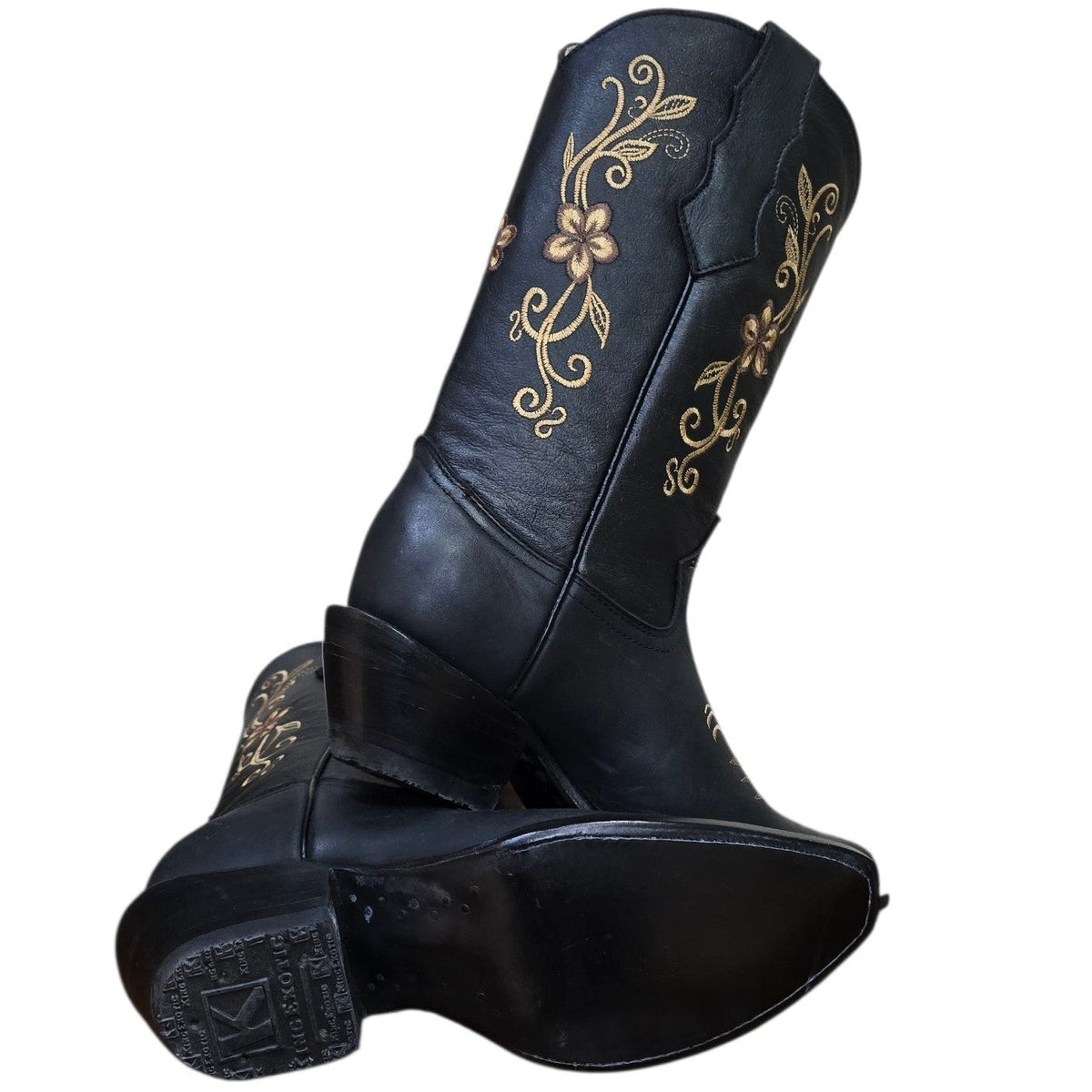 Cowboy Boots (0202) - 13.5" Black Leather w/ Gold Floral Embroidery