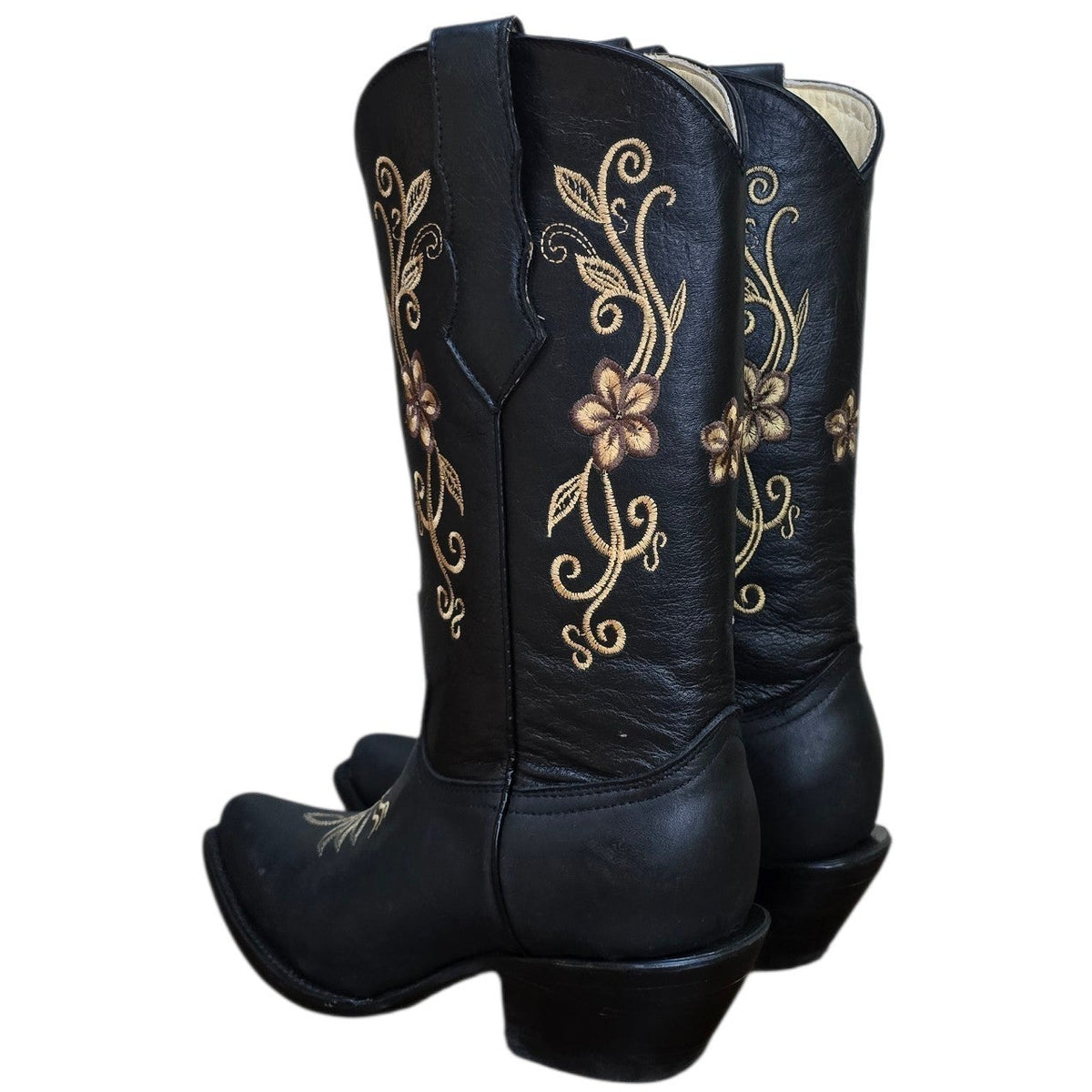 Cowboy Boots (0202) - 13.5" Black Leather w/ Gold Floral Embroidery