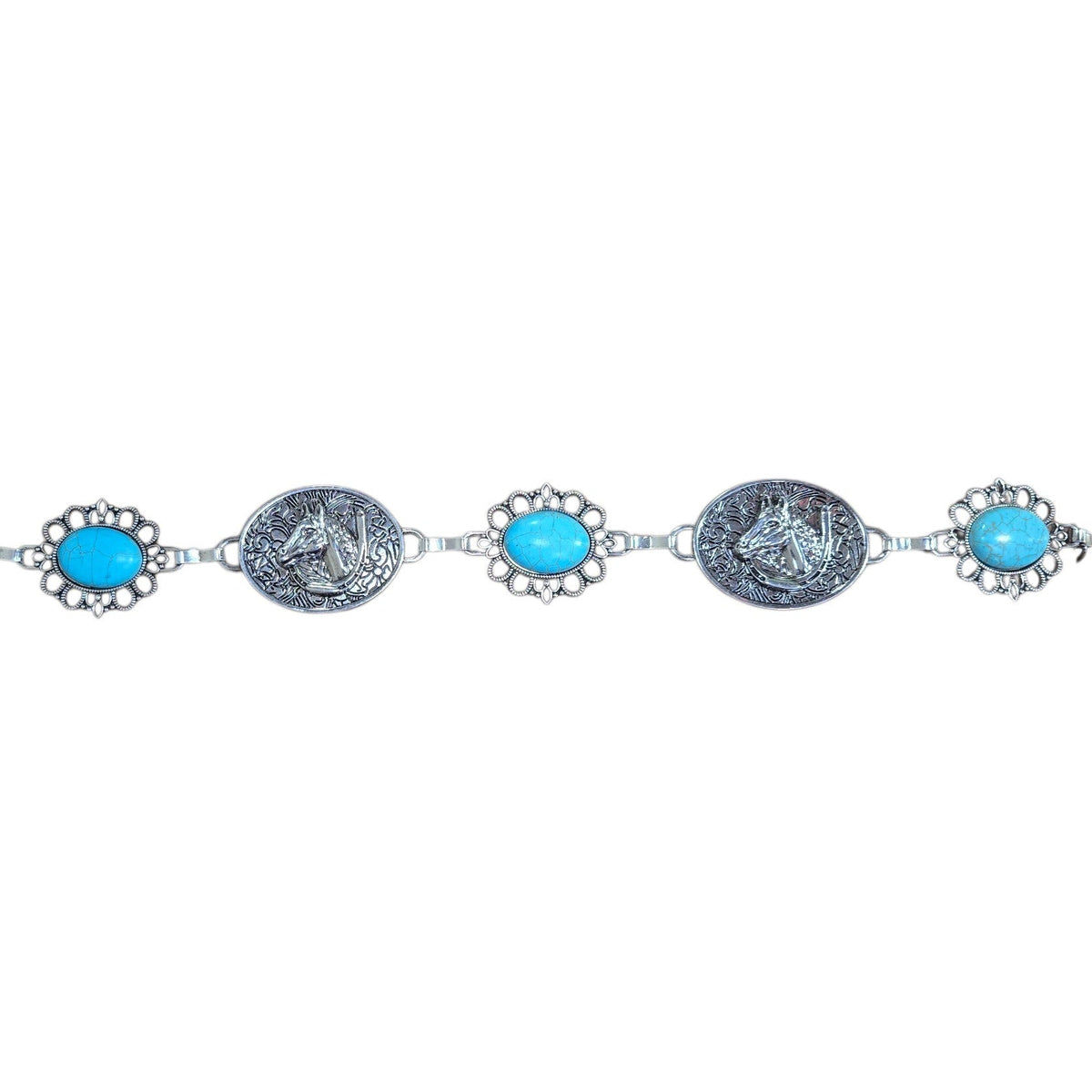 Chain Belt (0002) - Silver w/ Horse Design & Faux Turquoise Stone
