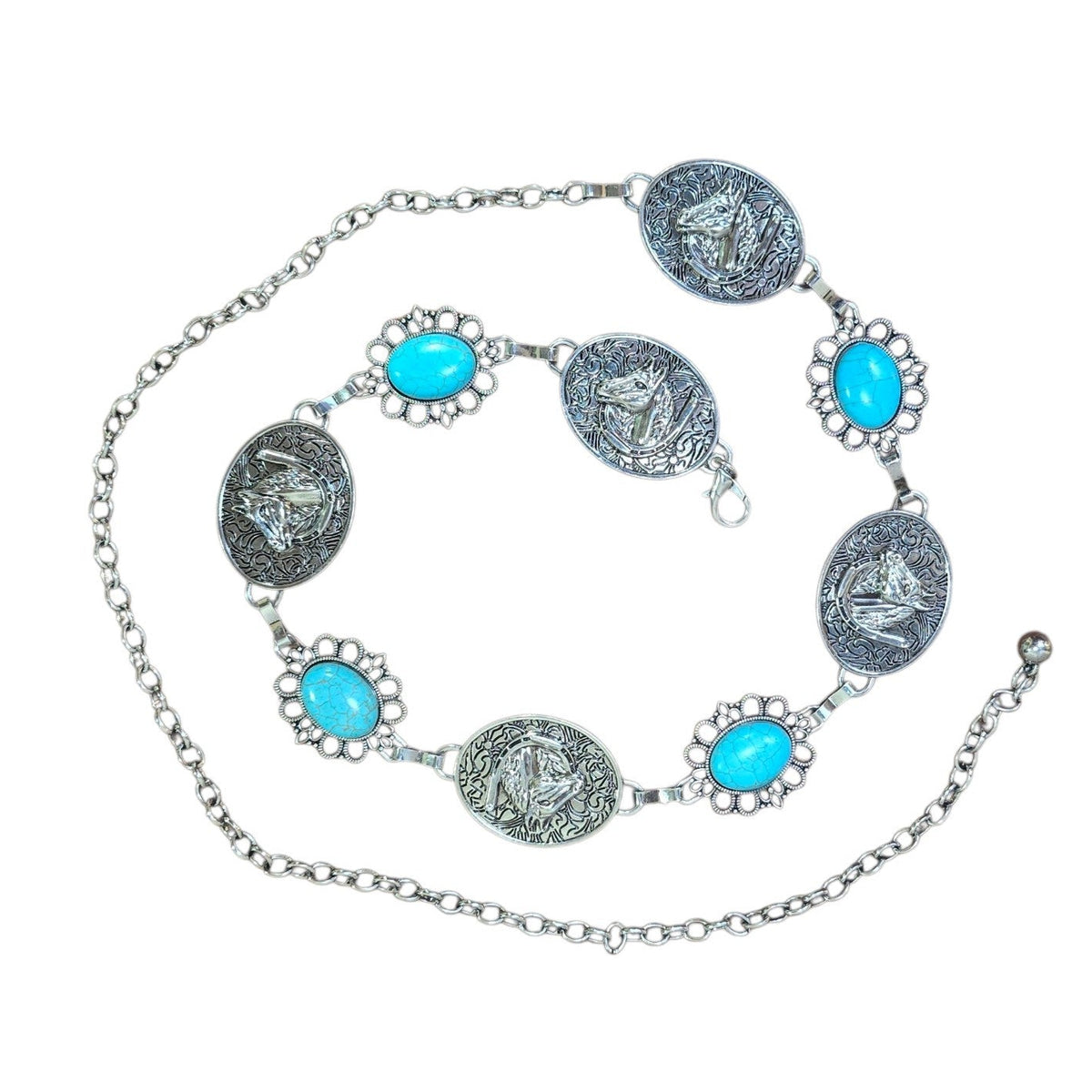 Chain Belt (0002) - Silver w/ Horse Design & Faux Turquoise Stone