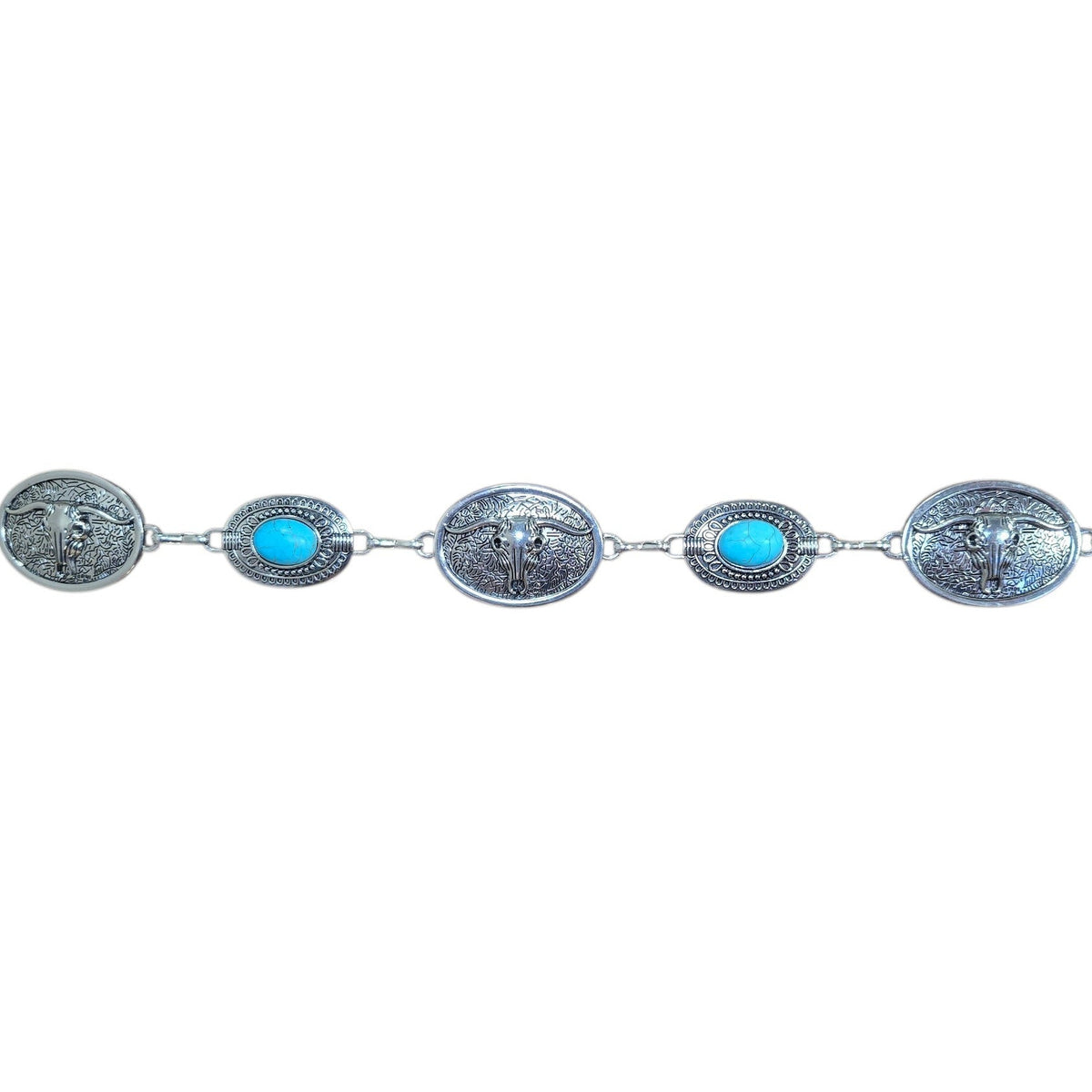 Chain Belt (0007) - Silver Belt w/ Faux Turquoise Stones & Longhorn Design