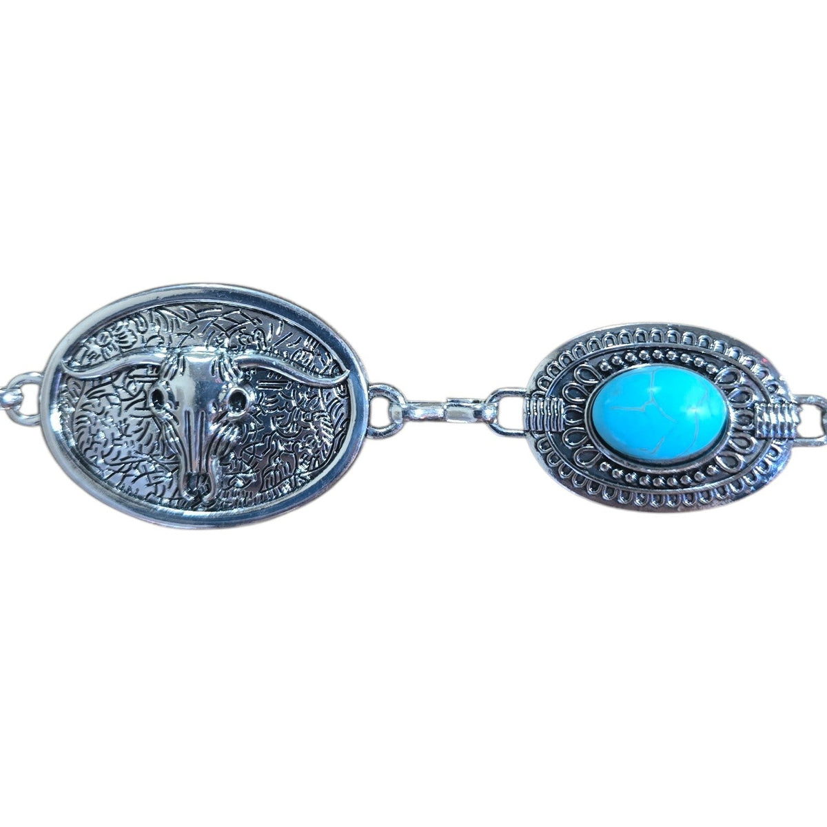 Chain Belt (0007) - Silver Belt w/ Faux Turquoise Stones & Longhorn Design