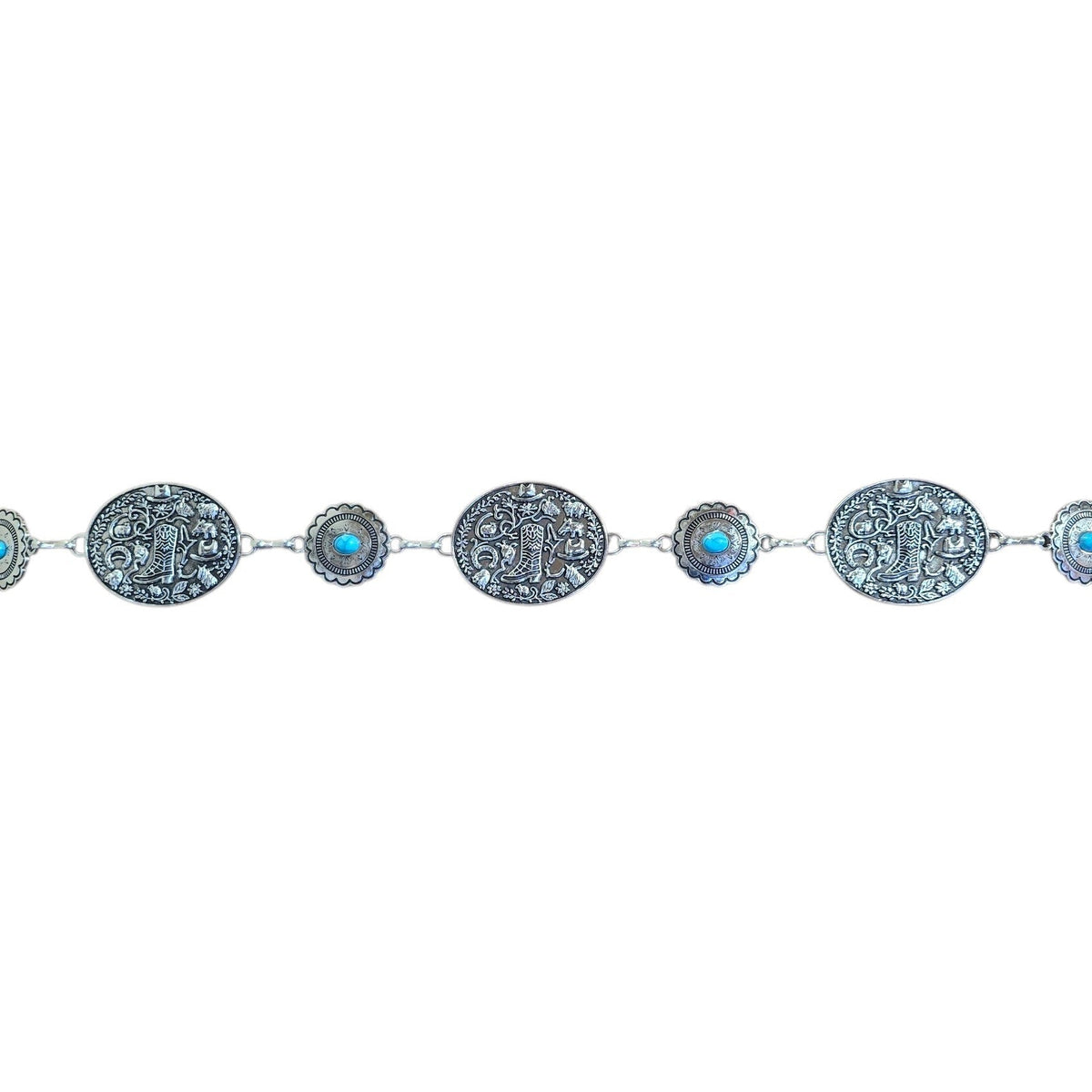 Chain Belt (0011) - Silver w/ Cowboy Boot Design & Faux Turquoise Stones