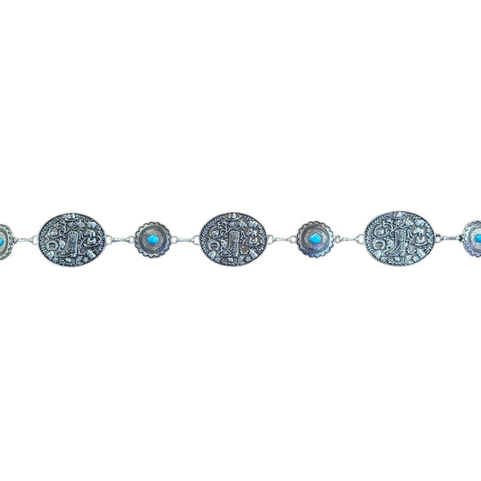 Chain Belt (0011) - Silver w/ Cowboy Boot Design & Faux Turquoise Stones