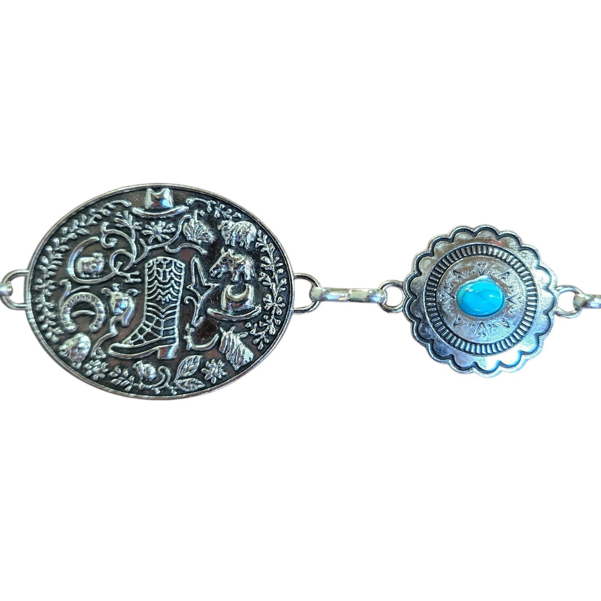 Chain Belt (0011) - Silver w/ Cowboy Boot Design & Faux Turquoise Stones