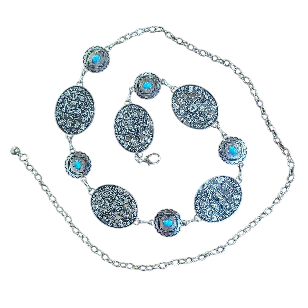 Chain Belt (0011) - Silver w/ Cowboy Boot Design & Faux Turquoise Stones