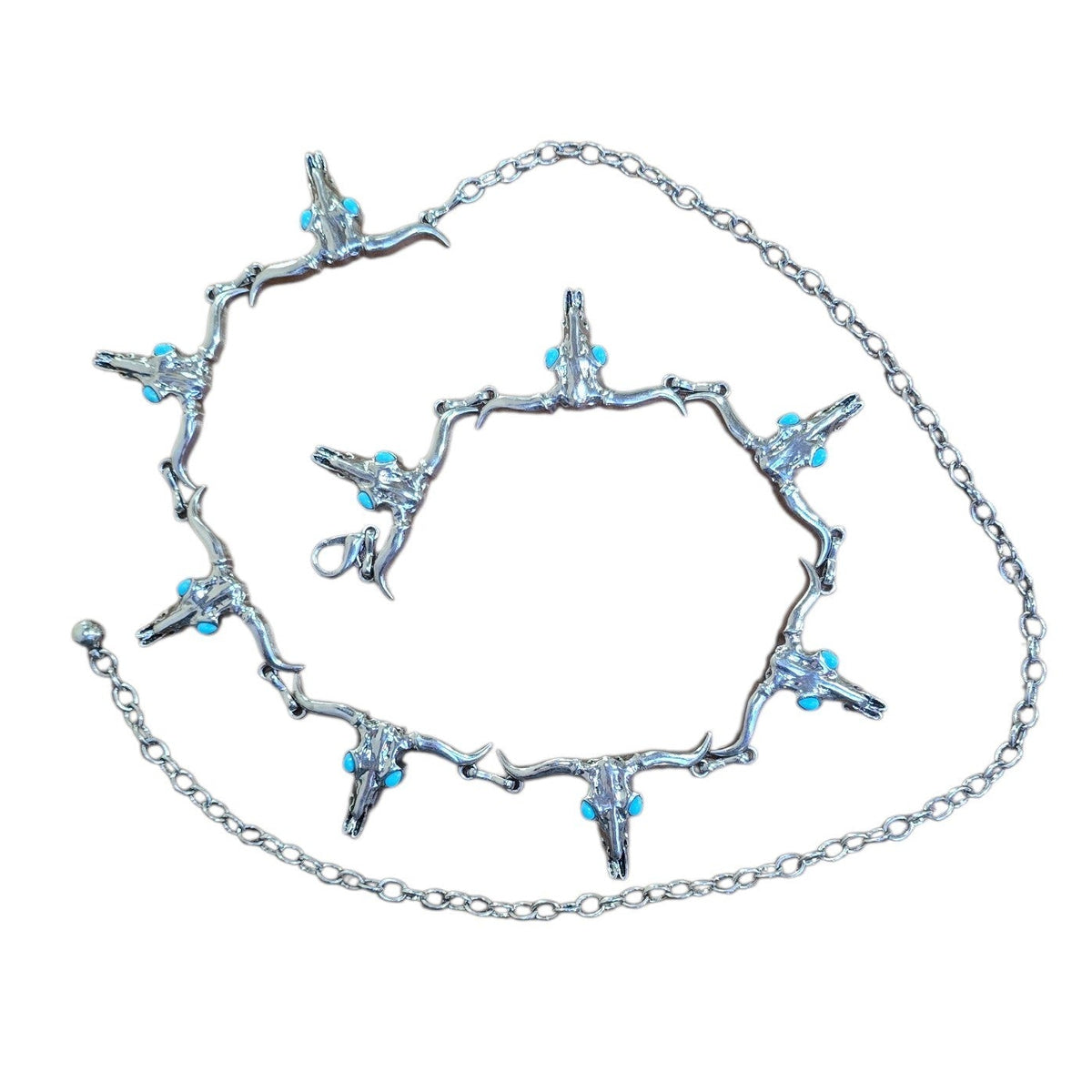 Chain Belt (0010) - Silver Longhorn w/ Faux Turquoise Stones