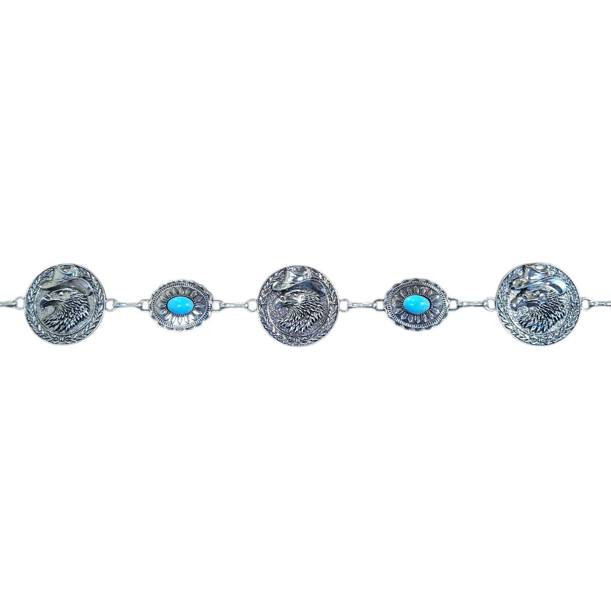 Chain Belt (0012) - Silver w/ Eagle Design & Faux Turquoise Stones