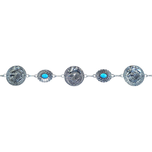 Chain Belt (0012) - Silver w/ Eagle Design & Faux Turquoise Stones