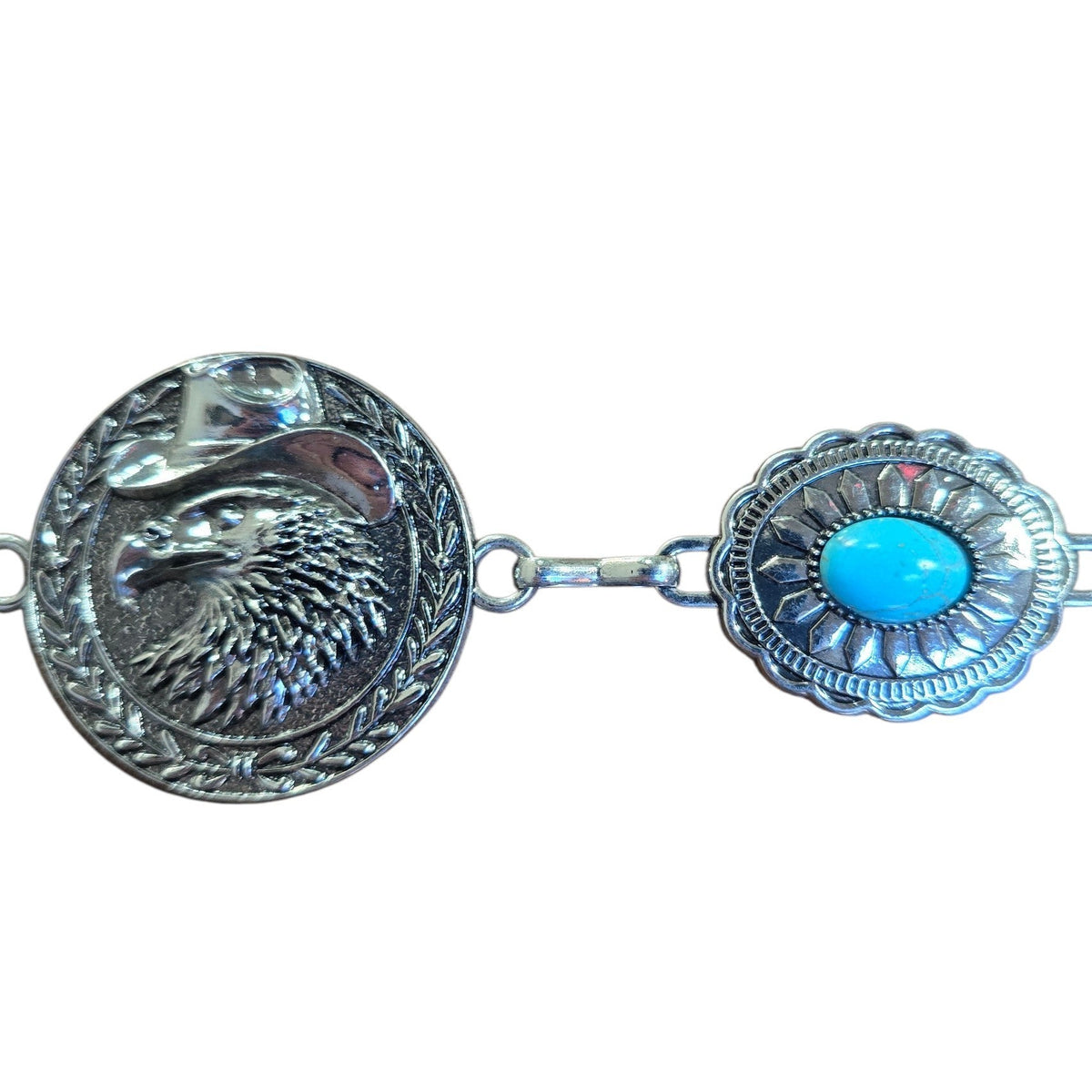 Chain Belt (0012) - Silver w/ Eagle Design & Faux Turquoise Stones