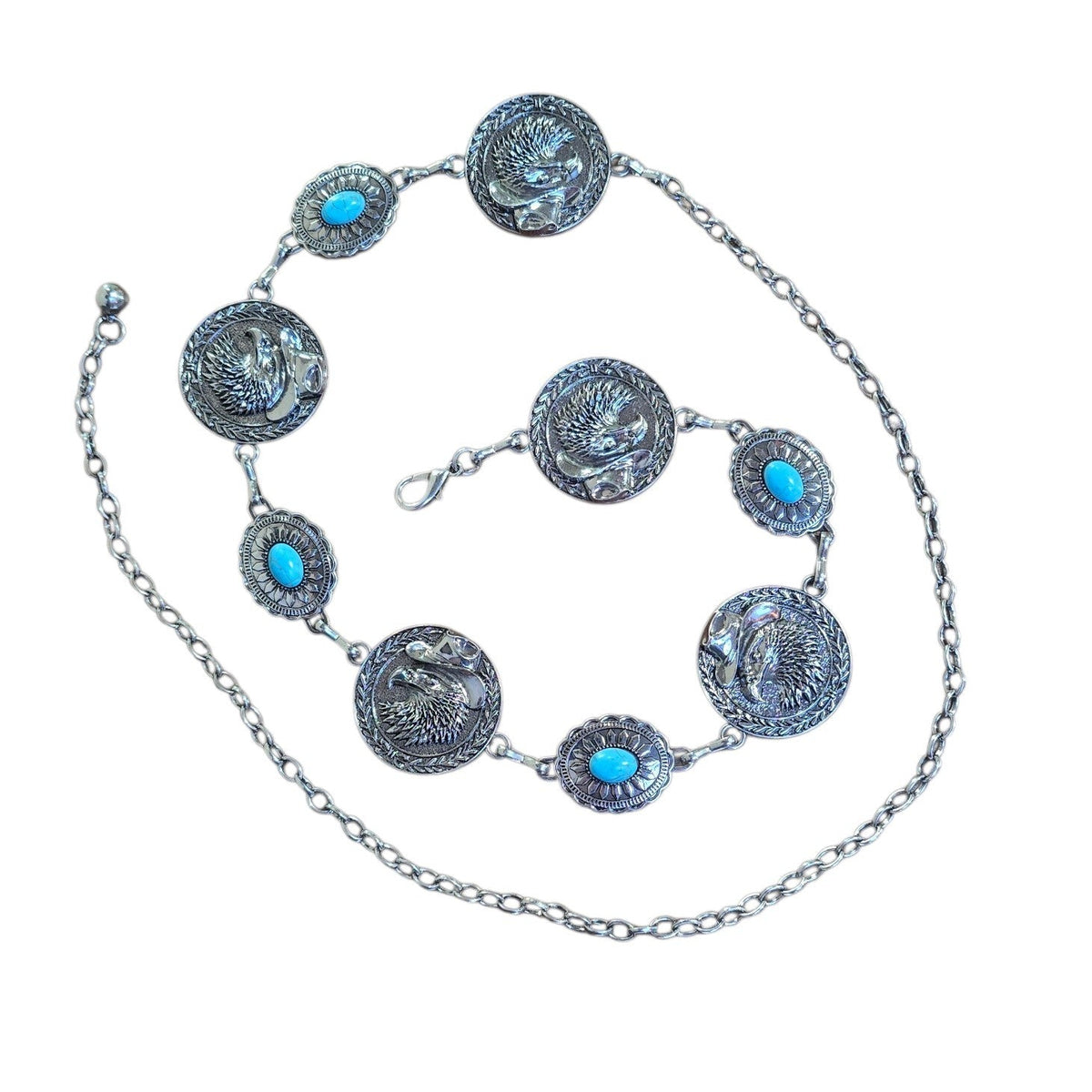 Chain Belt (0012) - Silver w/ Eagle Design & Faux Turquoise Stones