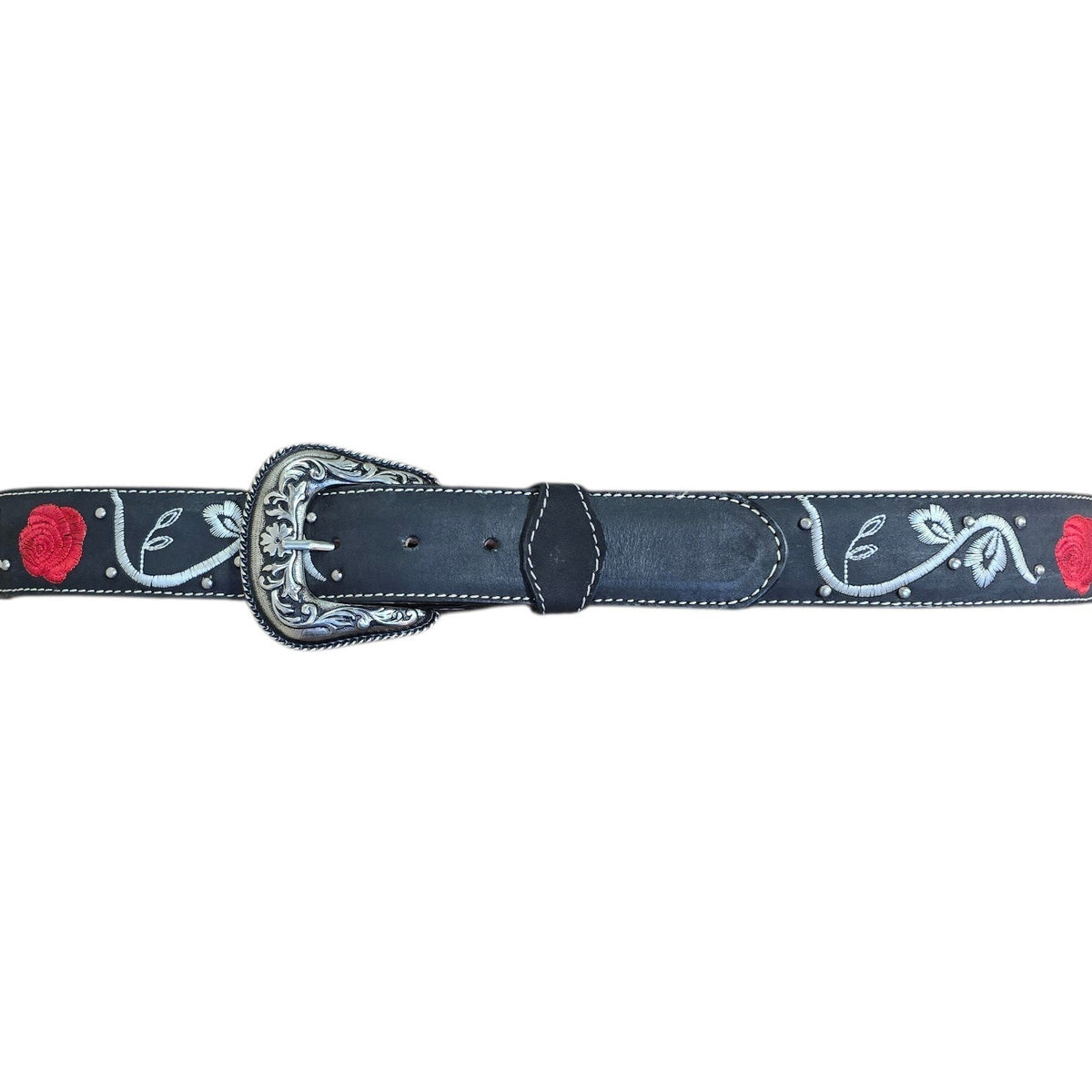 Genuine Leather Belt (0025) - Black Leather w/ Red Rose & White Botanical Embroidery & Studded Detailing