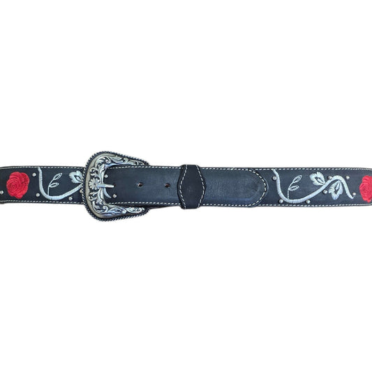 Genuine Leather Belt (0025) - Black Leather w/ Red Rose & White Botanical Embroidery & Studded Detailing