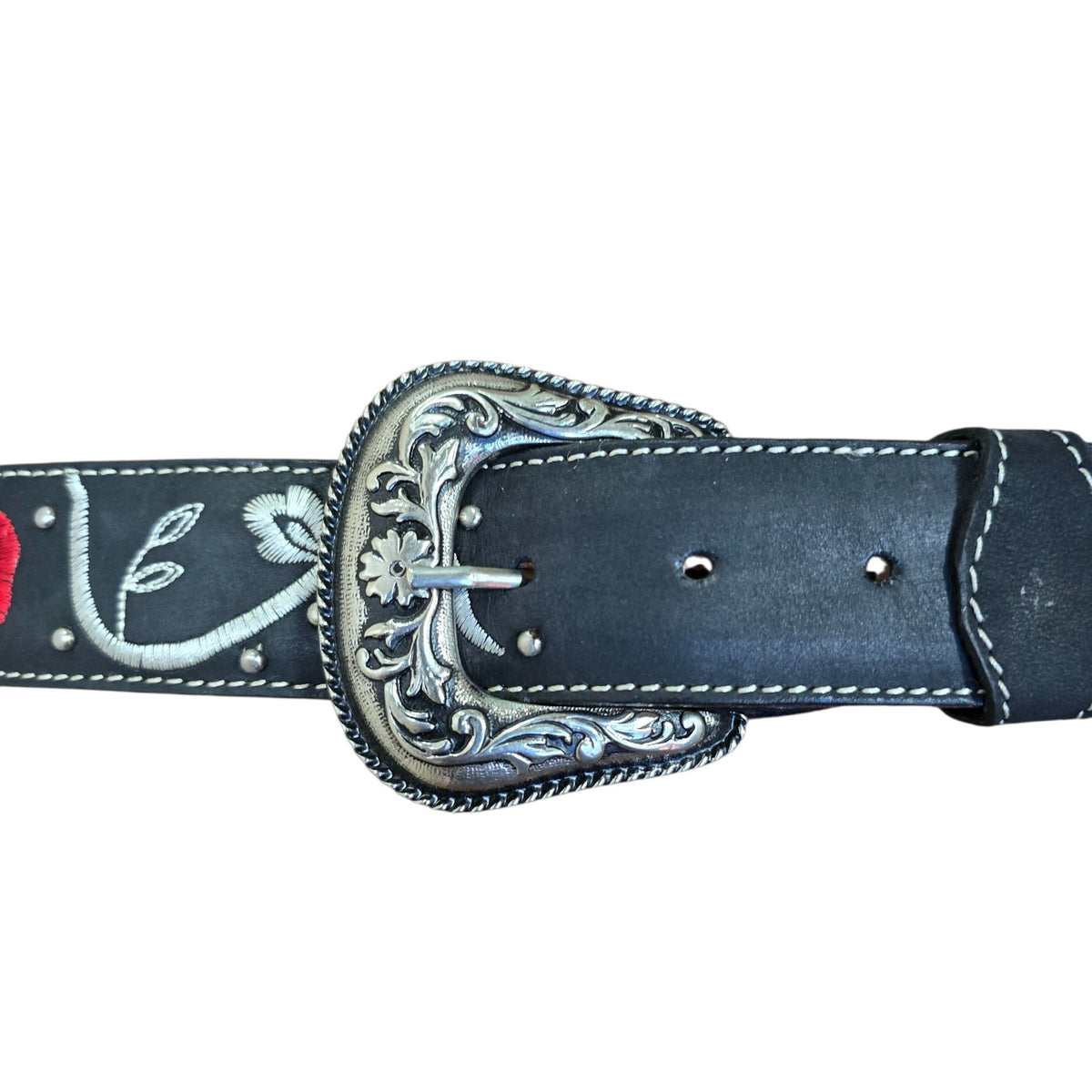 Genuine Leather Belt (0025) - Black Leather w/ Red Rose & White Botanical Embroidery & Studded Detailing