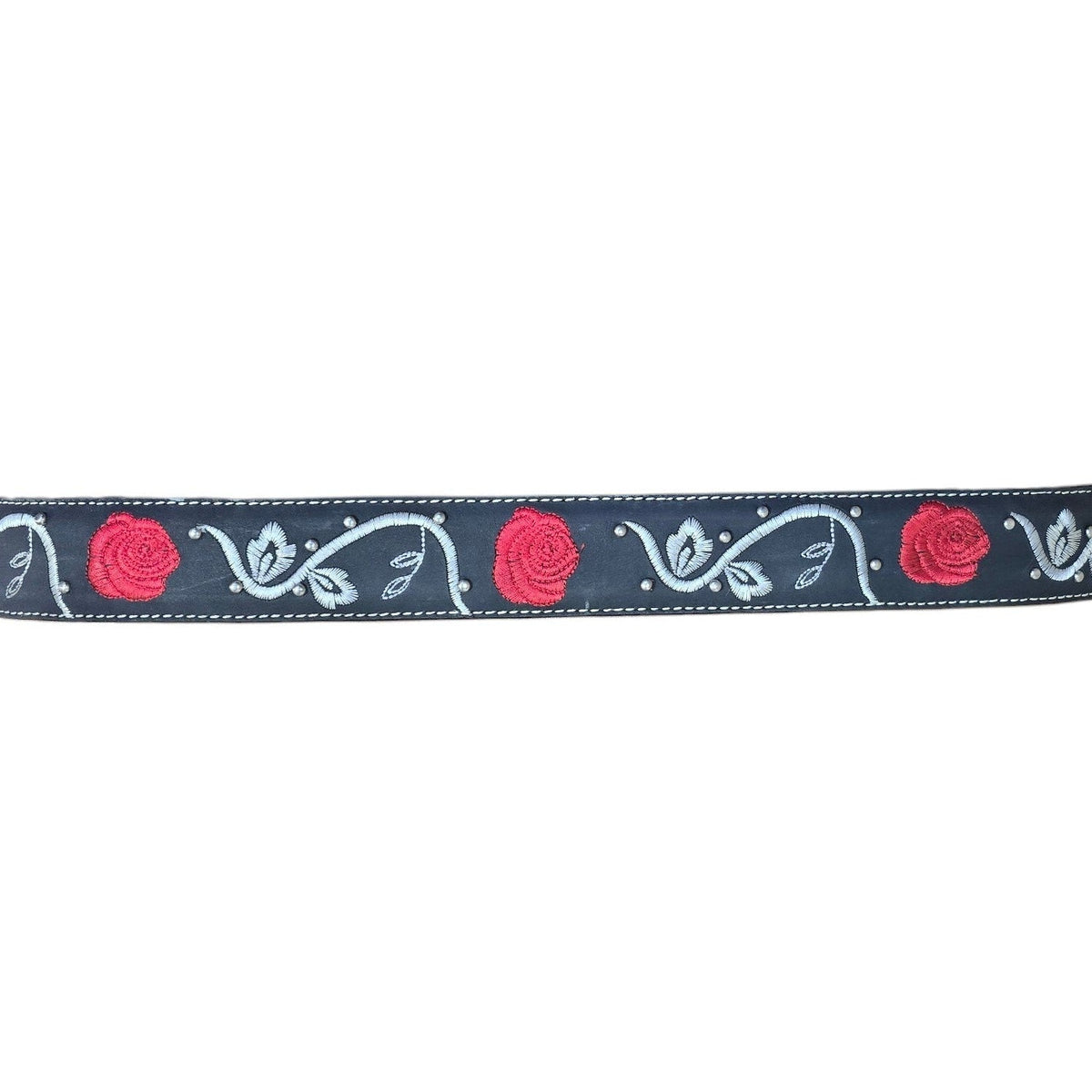 Genuine Leather Belt (0025) - Black Leather w/ Red Rose & White Botanical Embroidery & Studded Detailing