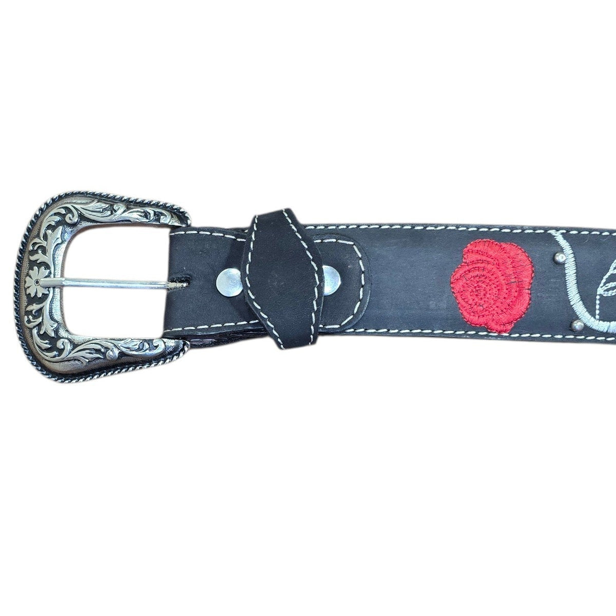 Genuine Leather Belt (0025) - Black Leather w/ Red Rose & White Botanical Embroidery & Studded Detailing