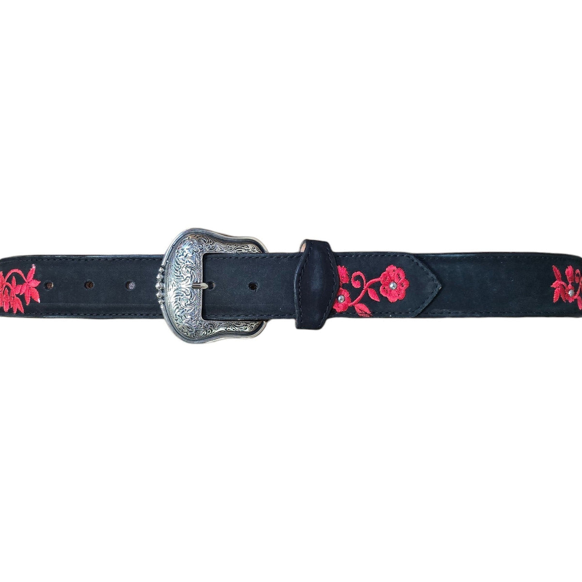 Genuine Leather Belt (0026) - Black Leather w Red Botanical Embroidery