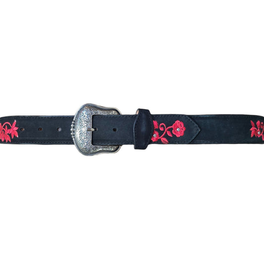 Genuine Leather Belt (0026) - Black Leather w Red Botanical Embroidery