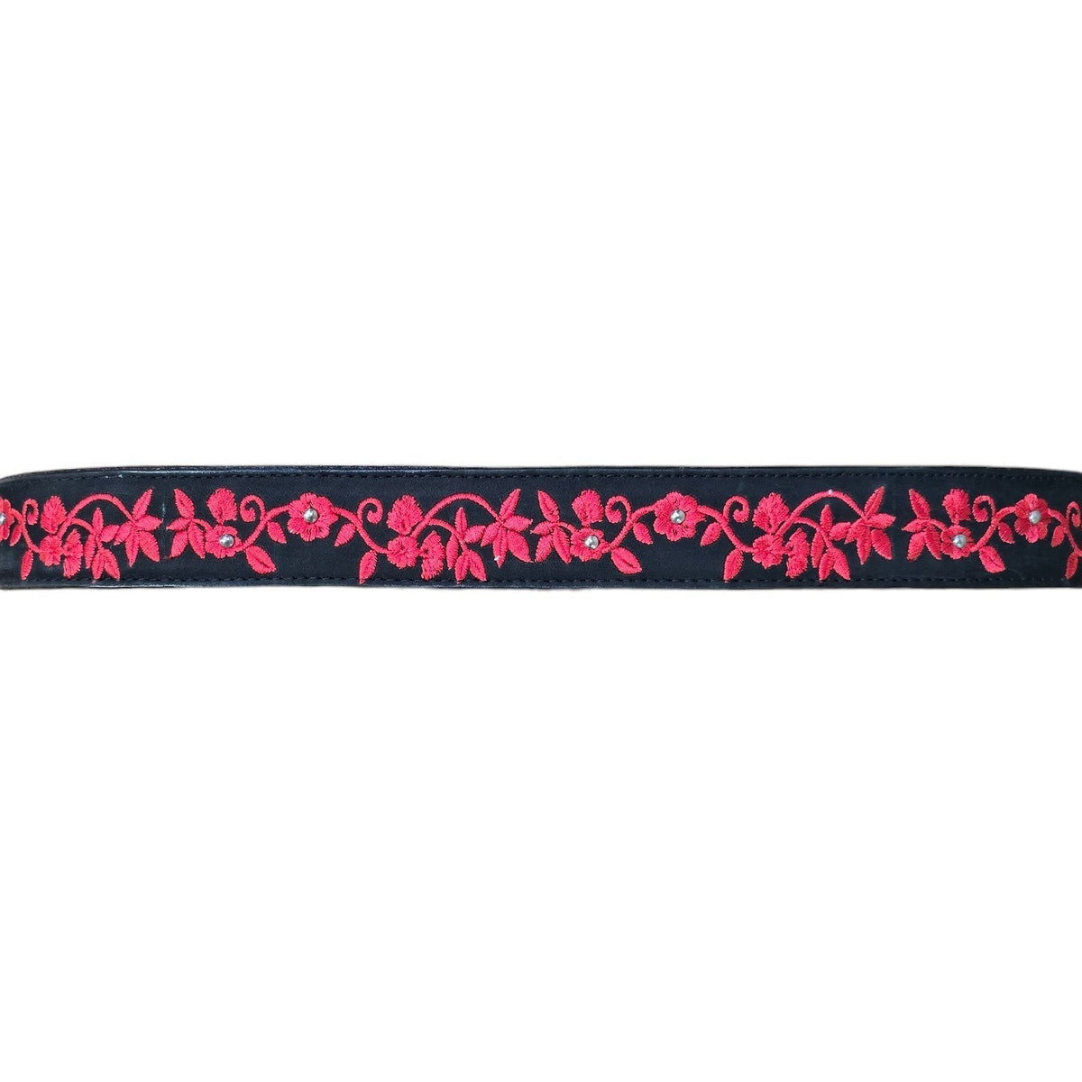 Genuine Leather Belt (0026) - Black Leather w Red Botanical Embroidery