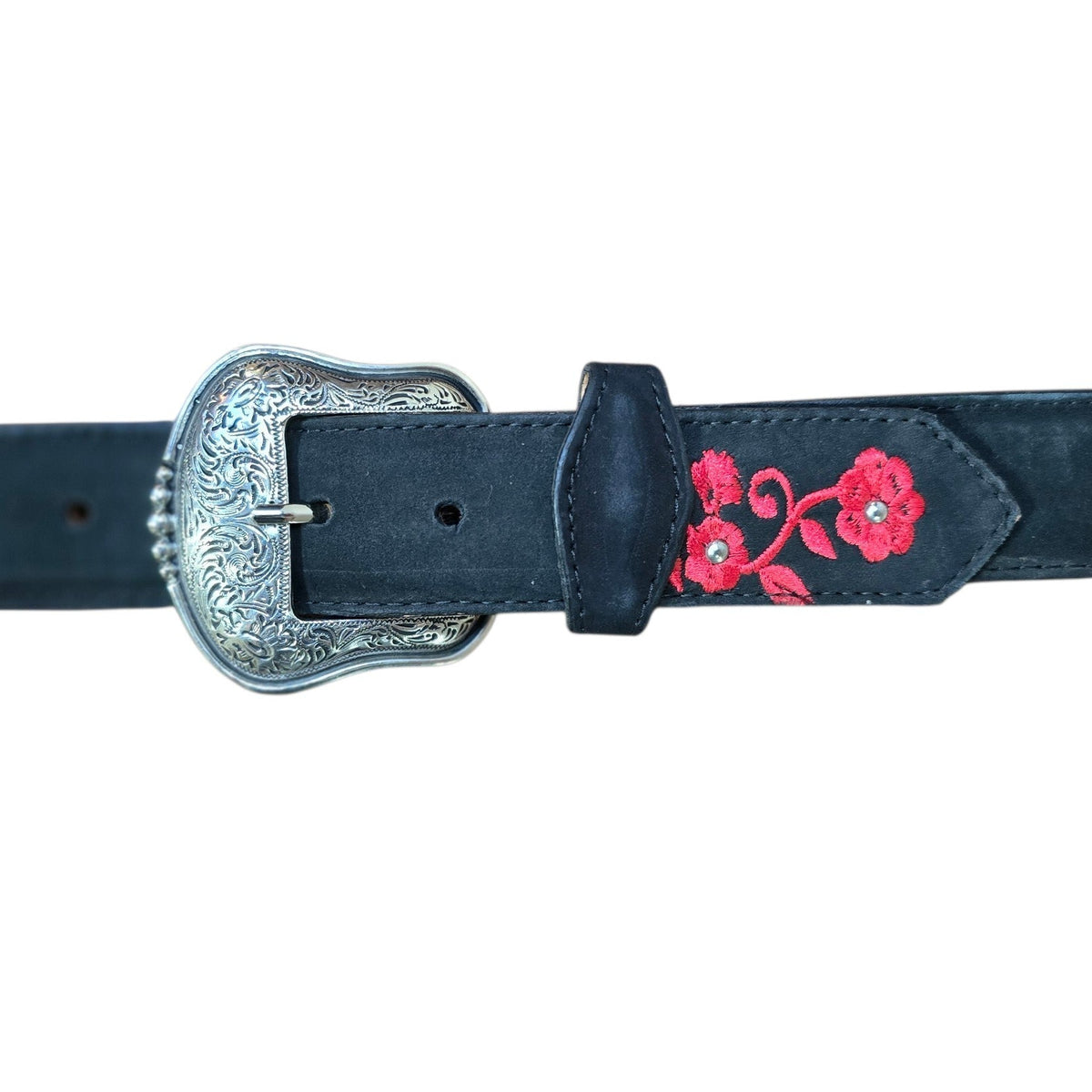 Genuine Leather Belt (0026) - Black Leather w Red Botanical Embroidery