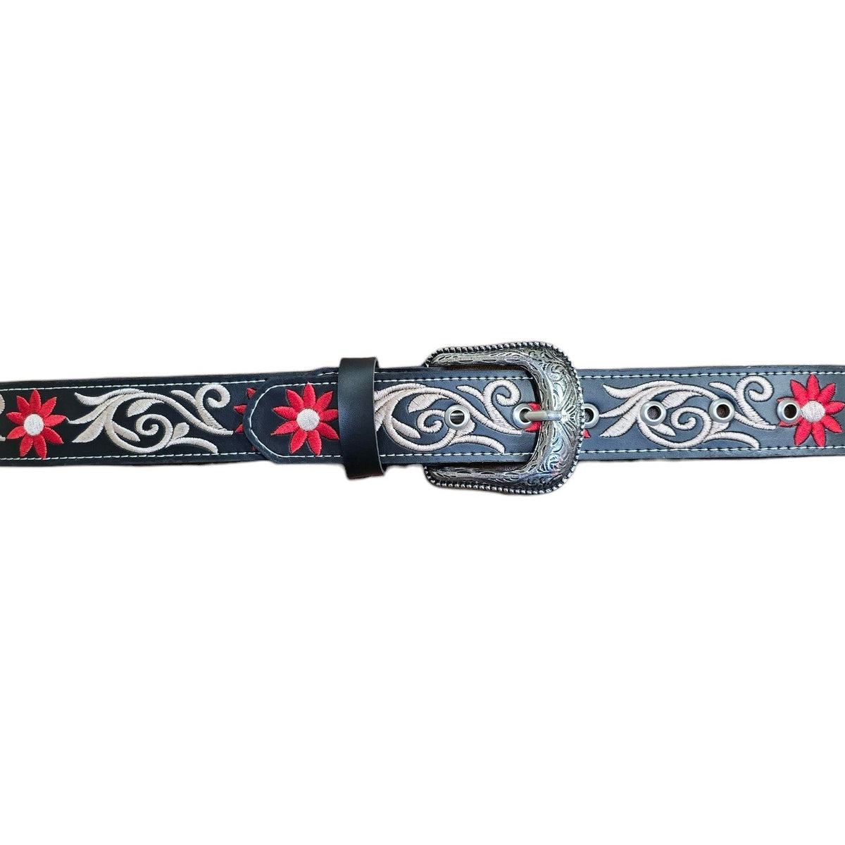 Genuine Leather Belt (0027) - Black Leather w/ Red and White Botanical Embroidery