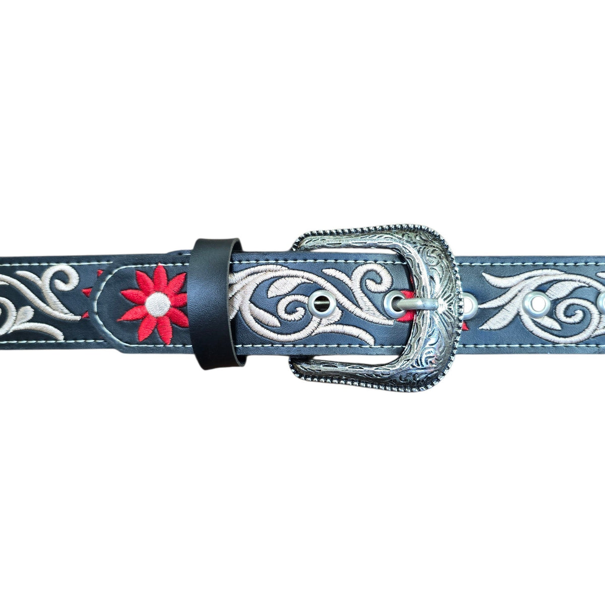 Genuine Leather Belt (0027) - Black Leather w/ Red and White Botanical Embroidery