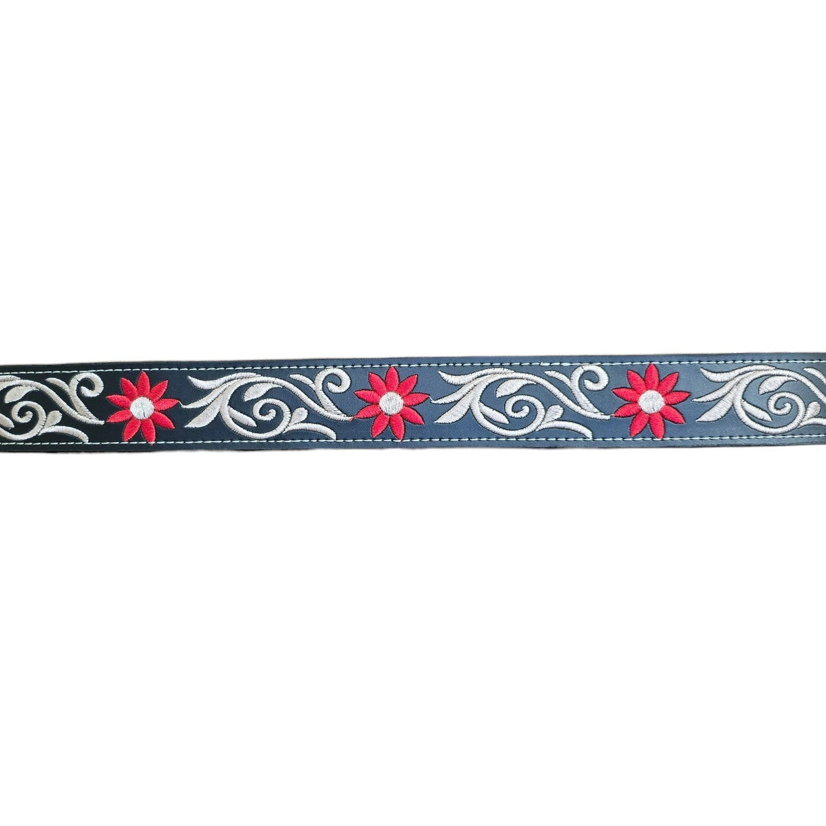 Genuine Leather Belt (0027) - Black Leather w/ Red and White Botanical Embroidery