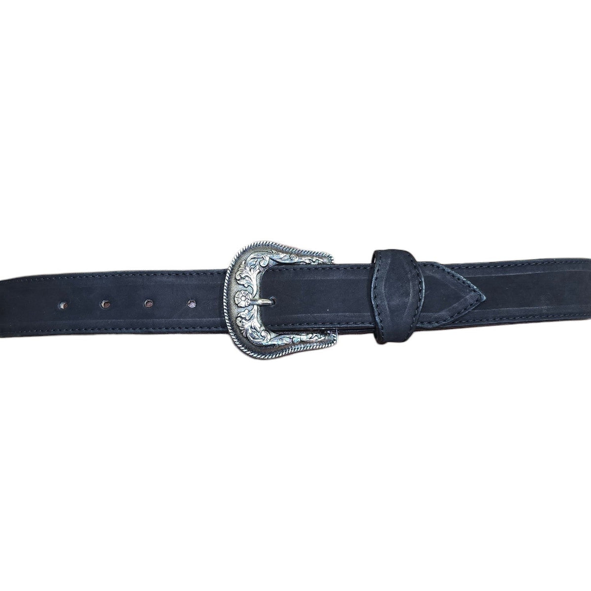 Genuine Leather Belt (0029) -  Black Leather w/ Floral Embroidery