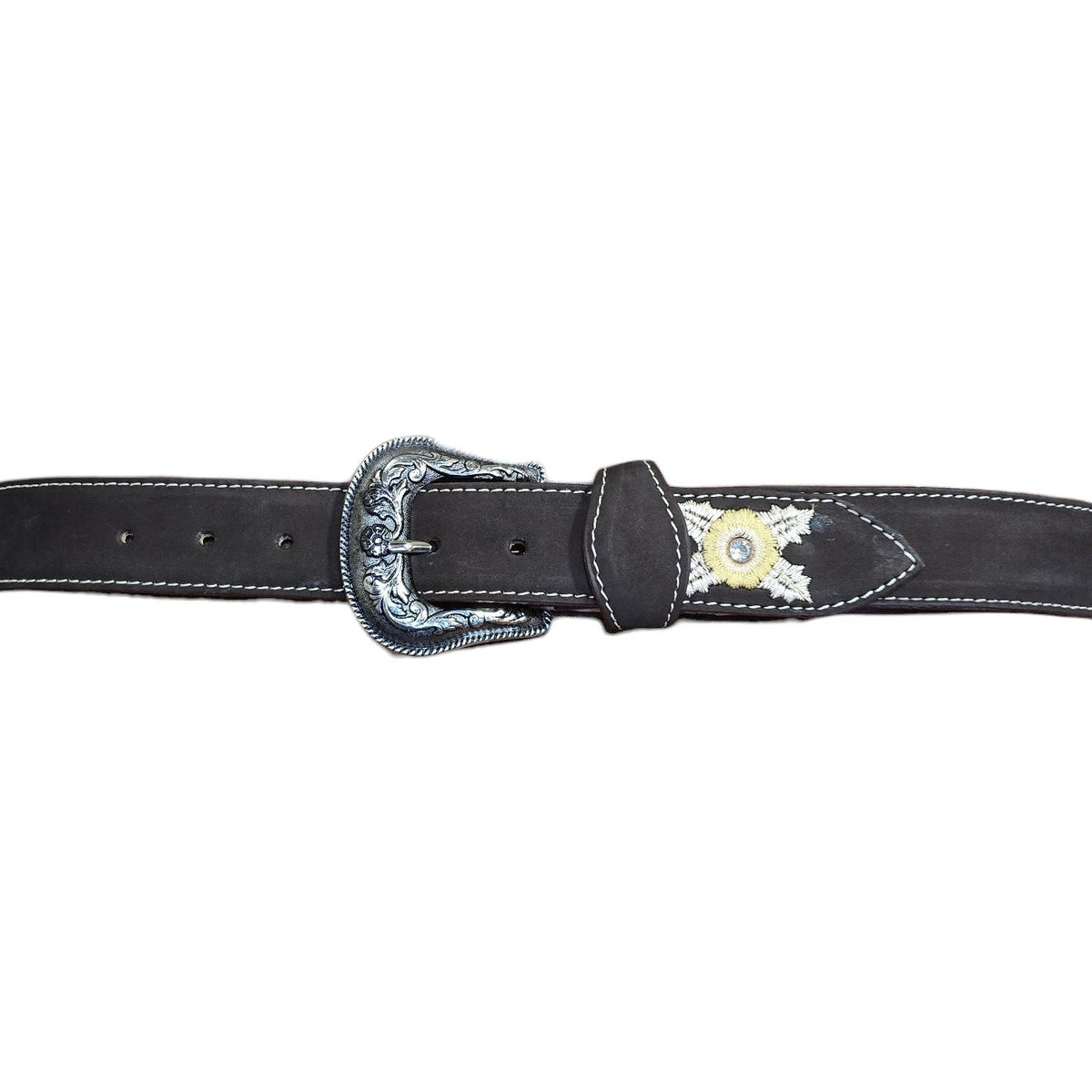 Genuine Leather Belt (0035) - Brown Leather w/ Floral Stitching