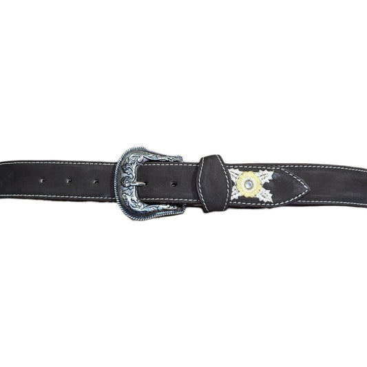 Genuine Leather Belt (0035) - Brown Leather w/ Floral Stitching
