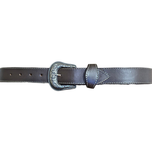 Genuine Leather Belt (0030) - Brown Leather w/ Botanical Embroidery