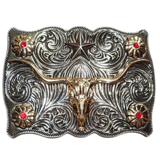 Western Buckle (0075) - Mixed Metal w/ Longhorn & Red Rhinestones