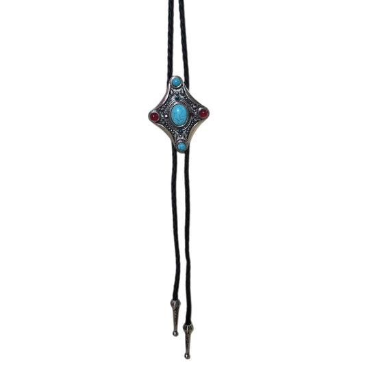 Western Bolo Tie (0082) - Silver w/ Faux Turquoise & Red Stones