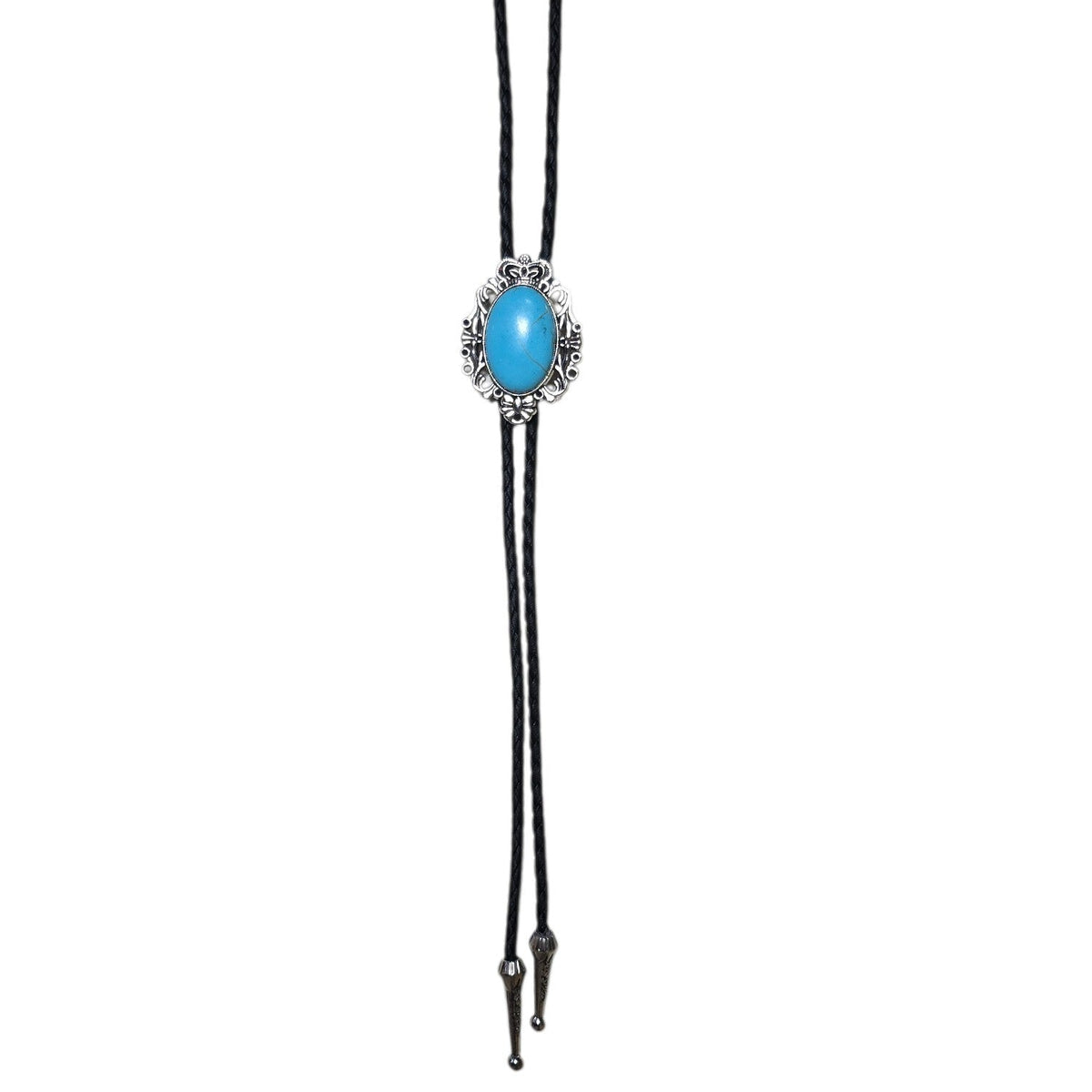 Western Bolo Tie (0086) - Silver Vintage Design w/ Faux Turquoise Stone