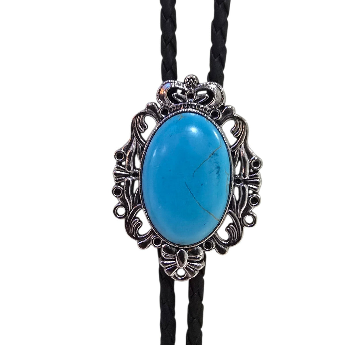 Western Bolo Tie (0086) - Silver Vintage Design w/ Faux Turquoise Stone