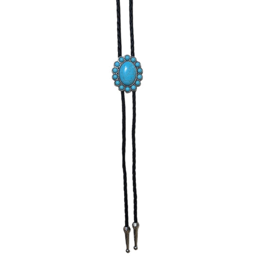 Western Bolo Tie (0087) - Silver w/ Faux Turquoise Stones