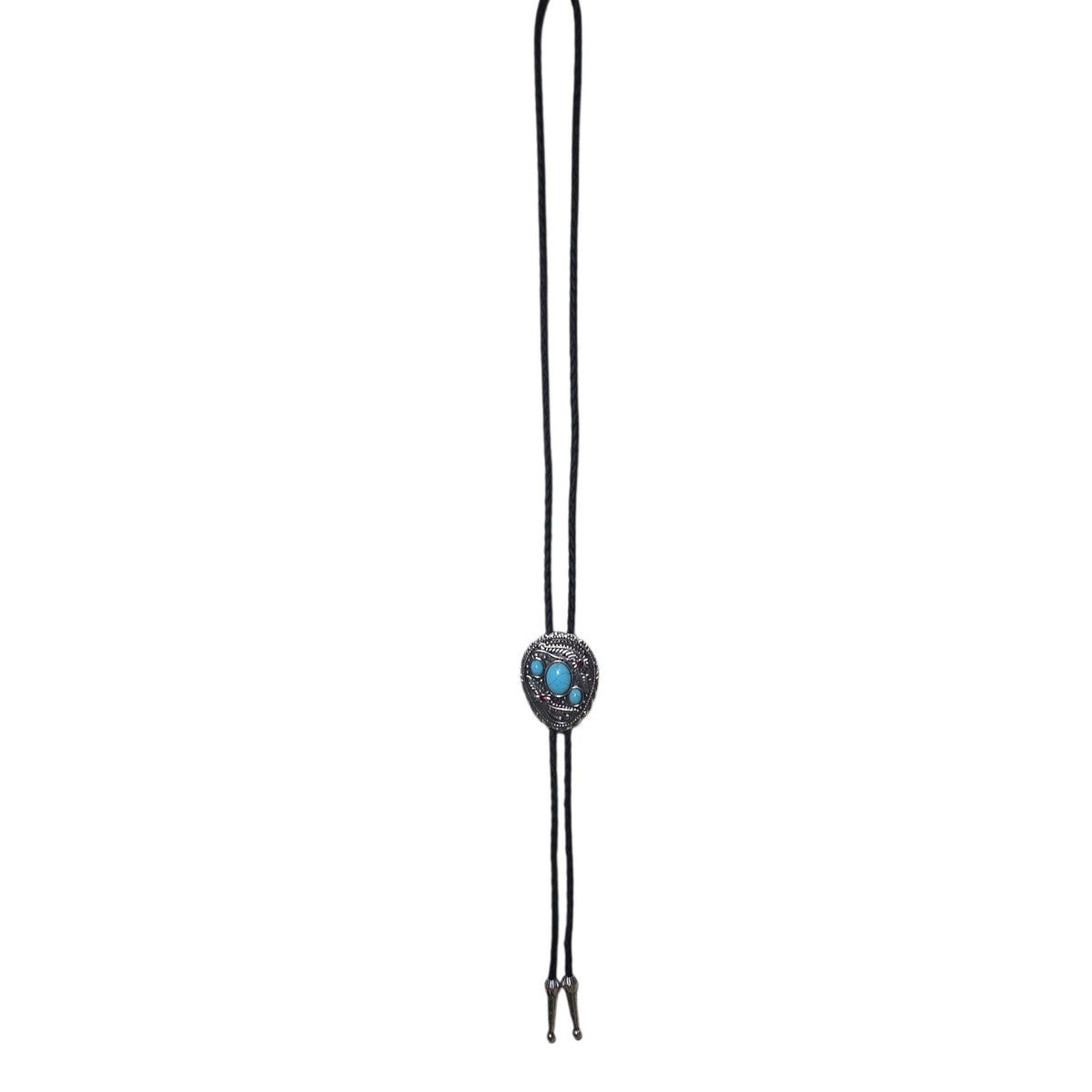 Western Bolo Tie (0085) - Silver w/ Faux Turquoise Stones & Red Rhinestones