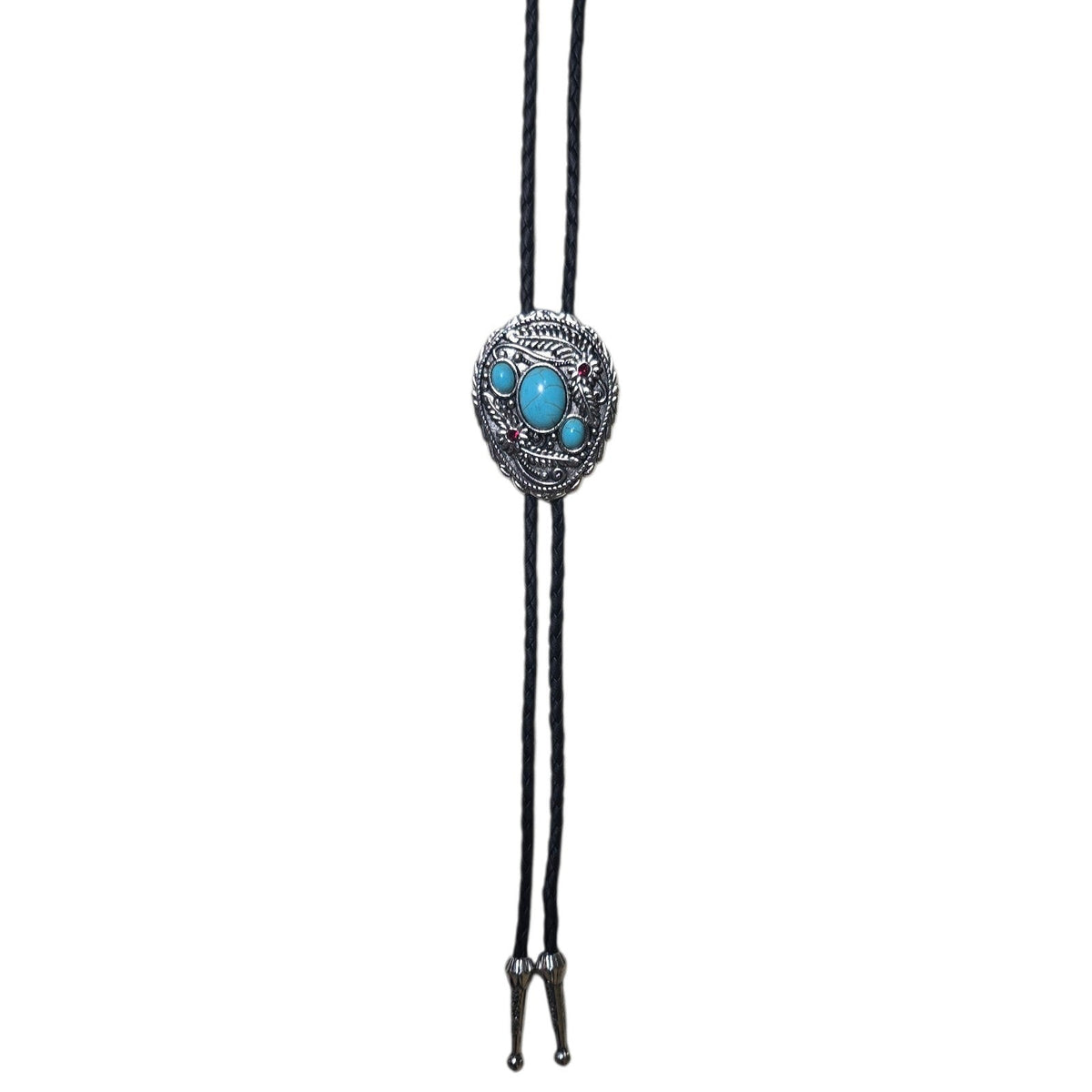 Western Bolo Tie (0085) - Silver w/ Faux Turquoise Stones & Red Rhinestones
