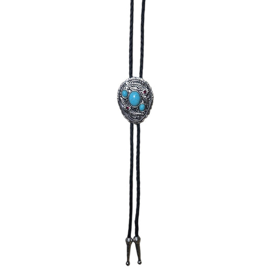 Western Bolo Tie (0085) - Silver w/ Faux Turquoise Stones & Red Rhinestones