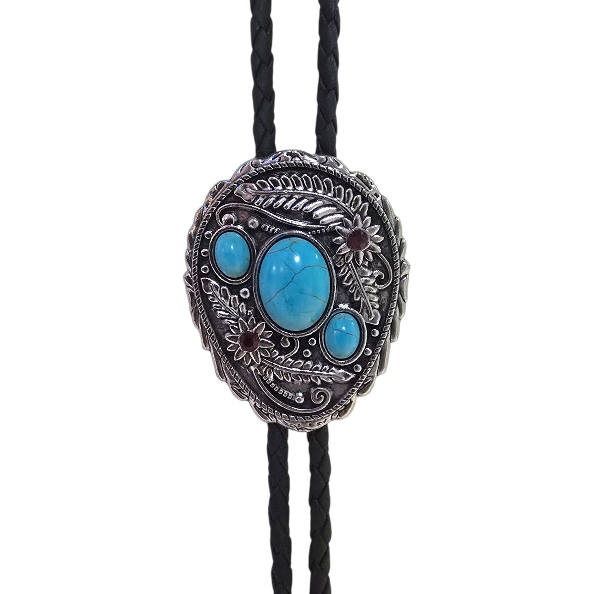 Western Bolo Tie (0085) - Silver w/ Faux Turquoise Stones & Red Rhinestones