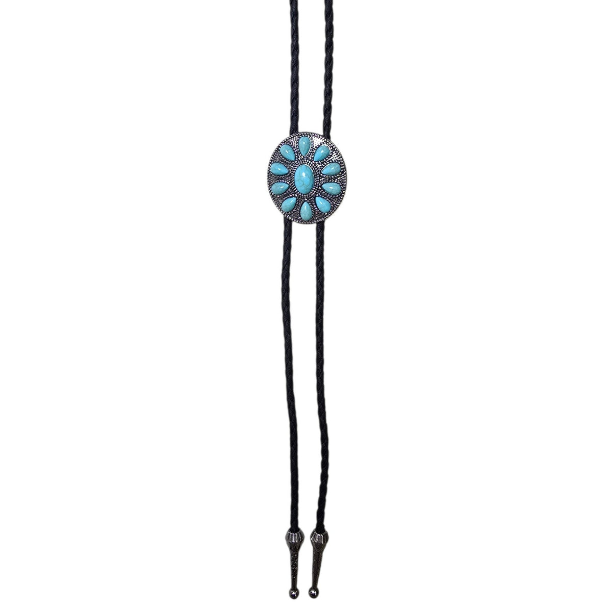Western Bolo Tie (0084) - Silver w/ Faux Turquoise Stones