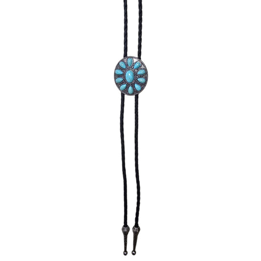 Western Bolo Tie (0084) - Silver w/ Faux Turquoise Stones
