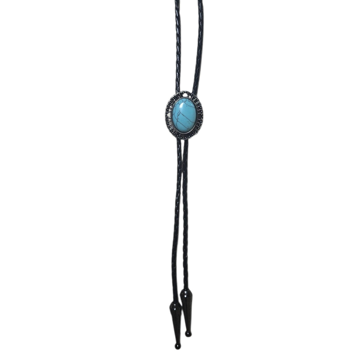 Western Bolo Tie (0083) - Silver w/ Faux Turquoise Stone